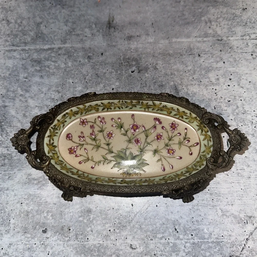 VINTAGE HUA PING TANG ZHI SOAP DISH TRINKET FLORAL Pink Flower PORCELAIN